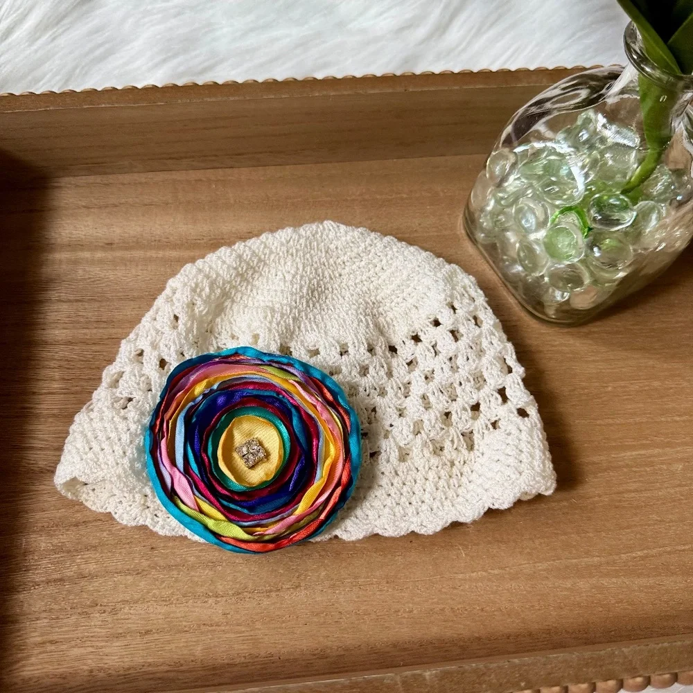 White‎ Crochet Baby Hat With Multicolor Satin Flower Appliqué